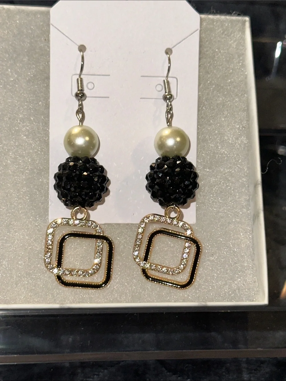 Handmade Elegant Black & Pearl Drop Earrings with Gold-Tone Squares